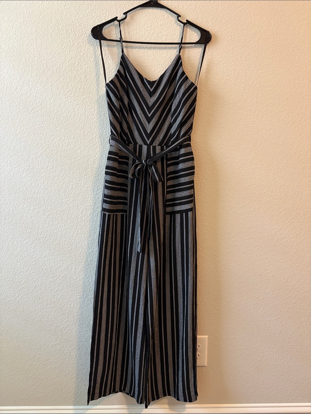 Monteau Black & Gray Striped V-Neck Wide-Leg Jumpsuit